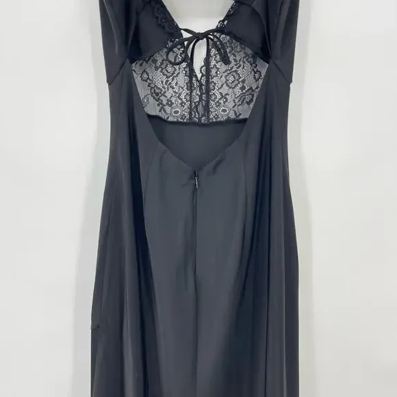 NBDBrigitta Midi Dress in Black Satin Lace Asymmetrical Slip S